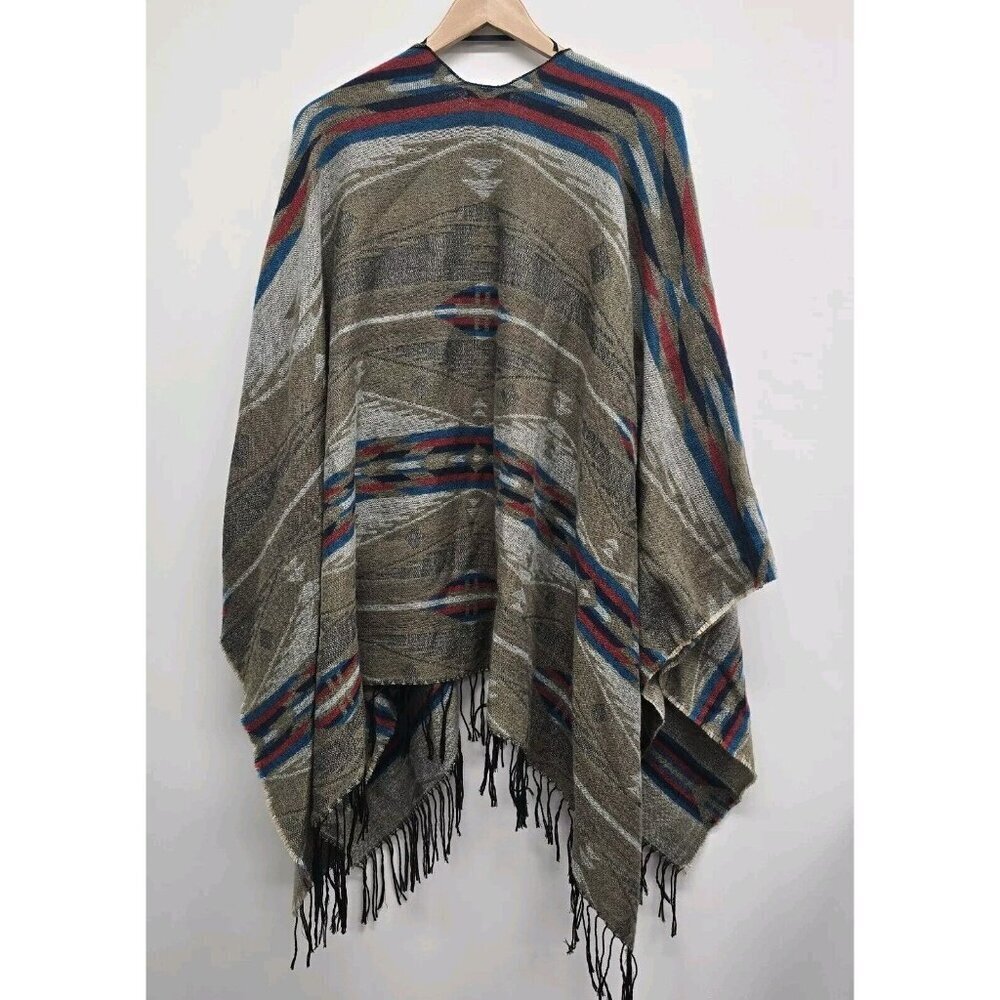 Mudd Western Aztec Southwest Oversized Poncho Sweater Shawl Fringe OSFM - Picture 2 of 5